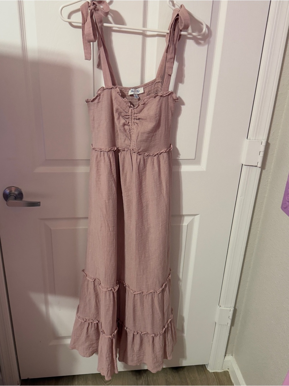 She + Sky Mauve Tie-Strap Tiered Maxi Jumpsuit